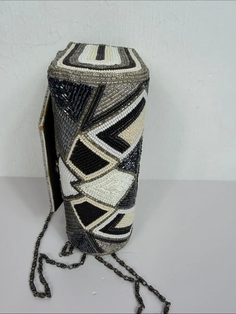 Art Deco Beaded Sequin Clutch Crossbody Bag Black Ivory Silver Geometric Chic